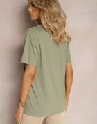  Tricou Clasic Verde din Bumbac cu Mâneci Suflecate Oboea