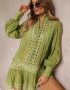  Tunică Dantelată Verde Lejeră cu Volan Nawal