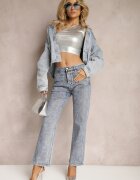 uiuj Blugi Albastri Mom Fit cu Textură Strălucitoare Vonea