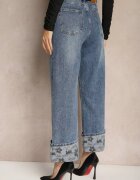 uiuj Jeans Albaștri Talie înaltă cu Craci Lărgi întoarși decorativ cu Curea Loroma