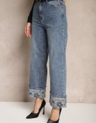 uiuj Jeans Albaștri Talie înaltă cu Craci Lărgi întoarși decorativ cu Curea Loroma