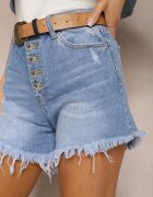 uiuj Pantaloni scurți Albastru din denim din bumbac cu talie înaltă decorați cu nasturi și tiv franjurat Hettila