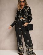 unigirl Ansamblu Negru din Bumbac Cămașă și Pantaloni cu Broderie cu Cusături Metalice Banorea