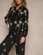 unigirl Ansamblu Negru din Bumbac Cămașă și Pantaloni cu Broderie cu Cusături Metalice Banorea