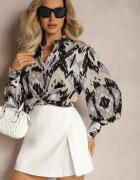 unigirl Cămașă Bej și Neagră Lejeră cu Model Etnic și Mâneci Bufante Kaelith