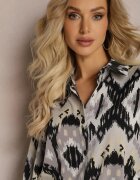 unigirl Cămașă Bej și Neagră Lejeră cu Model Etnic și Mâneci Bufante Kaelith