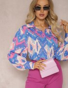 unigirl Cămașă Lejeră cu Model Etnic și Mâneci Bufante Albastru-Roz Kaelith