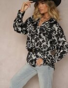 unigirl Cămașă Negru-Albă cu croială lungă decorată cu model abstract Koriassa
