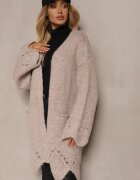 unigirl Cardigan Bej din Lână Decorat cu Buzunare laterale și Motiv Ajurat Elliosia