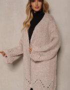 unigirl Cardigan Bej din Lână Decorat cu Buzunare laterale și Motiv Ajurat Elliosia