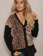 unigirl Cardigan Negru-Bej cu Vâscoză cu Imprimeu Leopard Decorat cu Paiete Transparente Calattia
