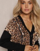 unigirl Cardigan Negru-Bej cu Vâscoză cu Imprimeu Leopard Decorat cu Paiete Transparente Calattia