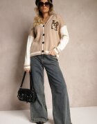 unigirl Cardigan Retro Bej cu Aplicații Decorative cu Sclipiri Vialida