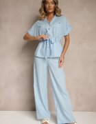 unigirl Compleu Albastru din Bumbac Pantaloni și Cămașă cu Curea Rinaretea