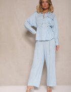 unigirl Compleu Albastru din Vâscoză Pantaloni Largi și Cămașă Strânsă în Talie Divanea