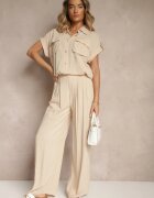 unigirl Compleu Bej din Viscoză Pantaloni și Cămașă Decorată cu Buzunare Rinalienna