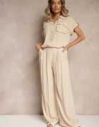 unigirl Compleu Bej din Viscoză Pantaloni și Cămașă Decorată cu Buzunare Rinalienna