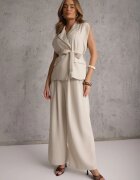 unigirl Compleu Tip Costum Bej Vâscoză Pantaloni Wide Leg și Vestă cu Cordon Elyenryl