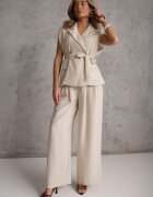 unigirl Compleu Tip Costum Bej Vâscoză Pantaloni Wide Leg și Vestă cu Cordon Elyenryl