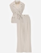 unigirl Compleu Tip Costum Bej Vâscoză Pantaloni Wide Leg și Vestă cu Cordon Elyenryl