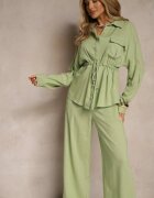 unigirl Compleu Verde din Vâscoză Pantaloni Largi și Cămașă Strânsă în Talie Divanea