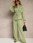 unigirl Compleu Verde din Vâscoză Pantaloni Largi și Cămașă Strânsă în Talie Divanea