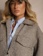 unigirl Jachetă Scurtă Maro cu Croială Tip Cutie cu Guler și Buzunare Nelilia