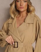 unigirl Palton Bej închis cu Croială Scurtă cu curea și Talie Elastică și Mâneci Bufante Pathia