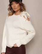 unigirl Pulover Alb cu Legătură Decorativă și Decupaj la Umăr Eledi