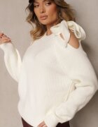 unigirl Pulover Alb cu Legătură Decorativă și Decupaj la Umăr Eledi