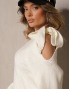 unigirl Pulover Alb cu Legătură Decorativă și Decupaj la Umăr Eledi