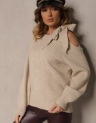 unigirl Pulover Bej cu Legătură Decorativă și Decupaj la Umăr Eledi