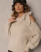 unigirl Pulover Bej cu Legătură Decorativă și Decupaj la Umăr Eledi