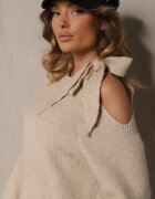 unigirl Pulover Bej cu Legătură Decorativă și Decupaj la Umăr Eledi