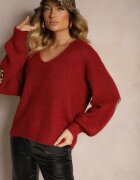 unigirl Pulover Bordeaux cu Lână Decorat cu Petice pe Mâneci Noraleen