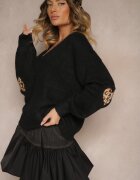 unigirl Pulover Negru cu Lână Decorat cu Aplicații pe Mâneci Noraleen