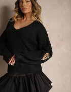 unigirl Pulover Negru cu Lână Decorat cu Aplicații pe Mâneci Noraleen