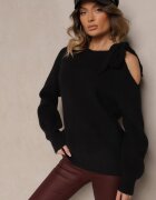 unigirl Pulover Negru cu Legătură Decorativă și Decupaj pe Umăr Eledi