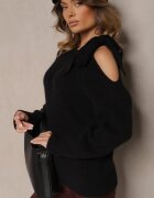 unigirl Pulover Negru cu Legătură Decorativă și Decupaj pe Umăr Eledi