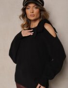 unigirl Pulover Negru cu Legătură Decorativă și Decupaj pe Umăr Eledi