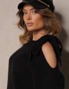 unigirl Pulover Negru cu Legătură Decorativă și Decupaj pe Umăr Eledi