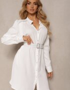 unigirl Rochie Albă cu croială tip cămașă cu curea textilă și nasturi decorată cu circonii Frantia