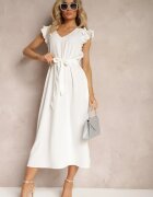 unigirl Rochie Albă cu Curea Textilă Decorată cu Decupaje și Circonii și cu Volan Holline