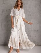 unigirl Rochie Albă Evazată Boho din Viscoză Decorată cu Broderie Legătură și Volane