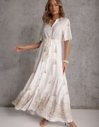 unigirl Rochie Albă Evazată Boho din Viscoză Decorată cu Broderie Legătură și Volane