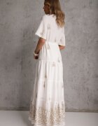 unigirl Rochie Albă Evazată Boho din Viscoză Decorată cu Broderie Legătură și Volane