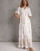 unigirl Rochie Albă Evazată Boho din Viscoză Decorată cu Broderie Legătură și Volane
