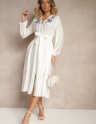 unigirl Rochie Albă Evazată din Viscoză Decorată cu Broderie și cu Centură Legată Elvania