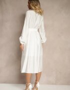 unigirl Rochie Albă Evazată din Viscoză Decorată cu Broderie și cu Centură Legată Elvania