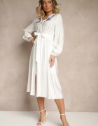 unigirl Rochie Albă Evazată din Viscoză Decorată cu Broderie și cu Centură Legată Elvania